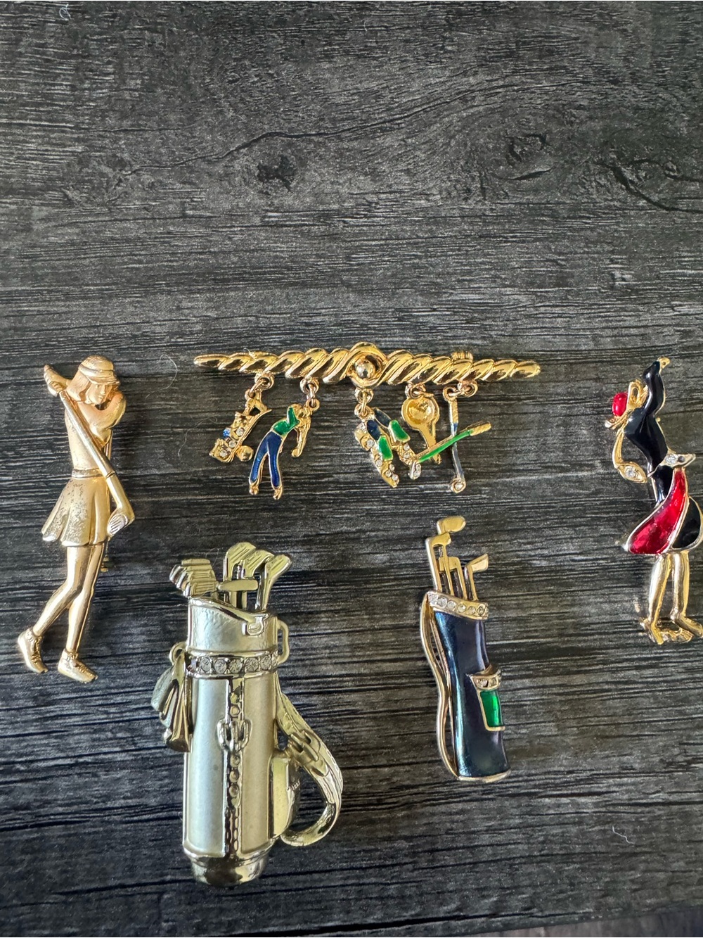 Gold-Tone and Enamel Golf Brooch Pin Set - Ladies Golf Theme
